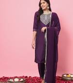 Purple color silk blend beautiful embroidered readymade kurta set with dupatta