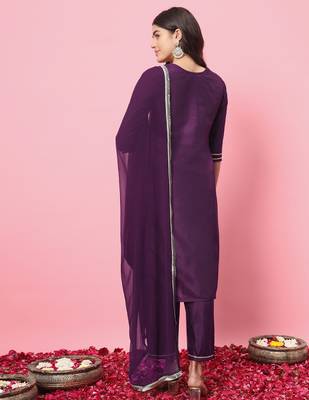 Purple color silk blend beautiful embroidered readymade kurta set with dupatta 2
