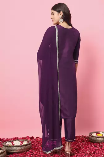 Purple color silk blend beautiful embroidered readymade kurta set with dupatta