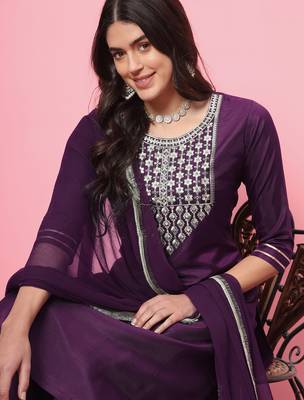 Purple color silk blend beautiful embroidered readymade kurta set with dupatta 3