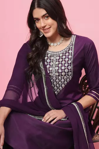 Purple color silk blend beautiful embroidered readymade kurta set with dupatta