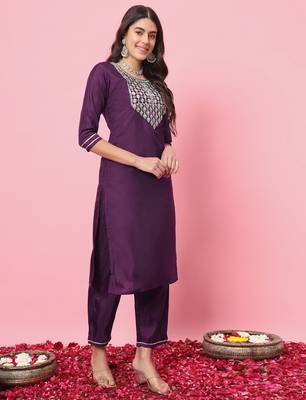 Purple color silk blend beautiful embroidered readymade kurta set with dupatta 4