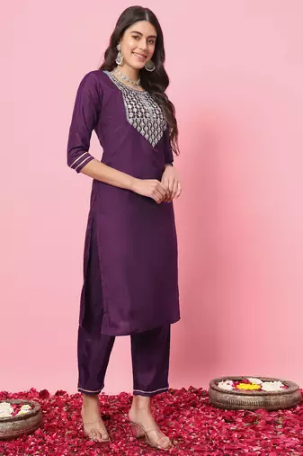 Purple color silk blend beautiful embroidered readymade kurta set with dupatta