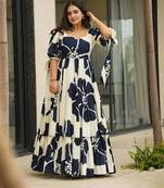 Blue color digital printed partywear long gown for ethnic girlie looks