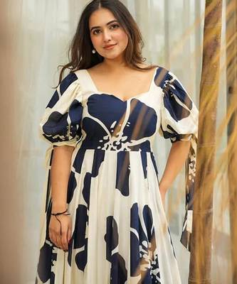 Blue color digital printed partywear long gown for looks 3