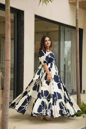 Blue color digital printed partywear long gown for looks
