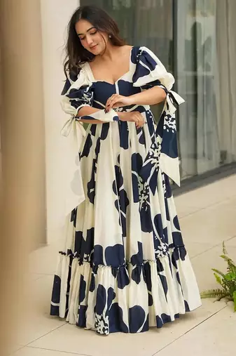 Blue color digital printed partywear long gown for looks