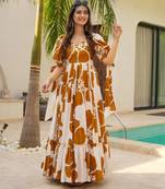 Mustard color digital printed partywear long gown for ethnic girlie looks