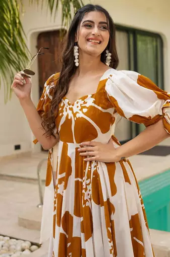 Mustard color digital printed partywear long gown for looks