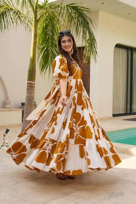 Mustard color digital printed partywear long gown for looks 4