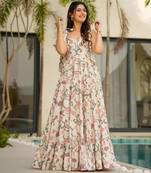 Off white color digital printed partywear long gown for ethnic girlie looks