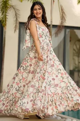 Off white color digital printed partywear long gown for looks