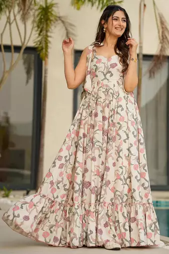 Off white color digital printed partywear long gown for looks