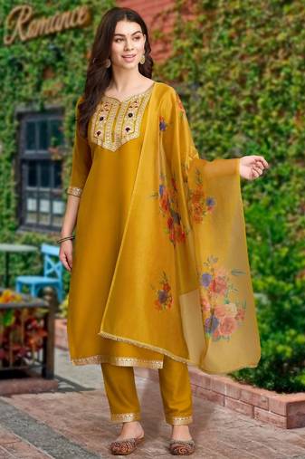 Mustard chinon silk paisley jacquard kurta with pant & dupatta