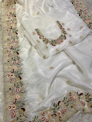 White Floral Embroidered Organza Tissue Saree 1