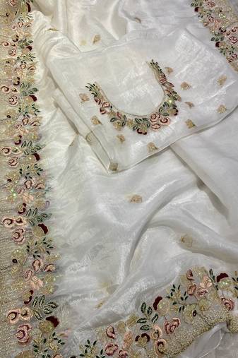 White Floral Embroidered Organza Tissue Saree