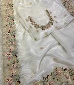 White Floral Embroidered Organza Tissue Saree