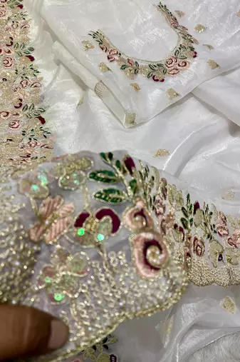 White Floral Embroidered Organza Tissue Saree