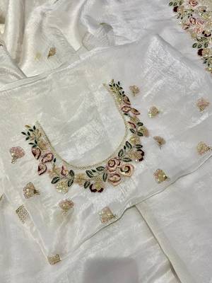 White Floral Embroidered Organza Tissue Saree 3