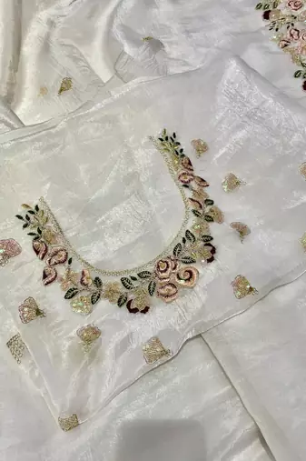 White Floral Embroidered Organza Tissue Saree