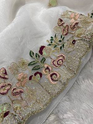 White Floral Embroidered Organza Tissue Saree 4