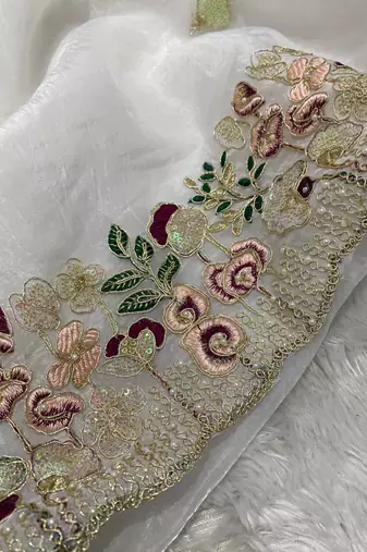 White Floral Embroidered Organza Tissue Saree