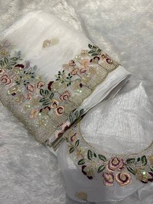 White Floral Embroidered Organza Tissue Saree 5