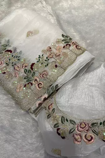 White Floral Embroidered Organza Tissue Saree