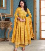 Yellow cotton floral print gota patti angrakha kurta with palazzo & dupatta