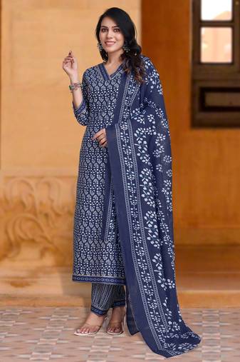 Indigo blue cotton geometric gota patti straight kurta with afghani salwar & dupatta