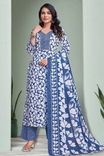 Blue cotton floral gota patti straight kurta with palazzo & dupatta