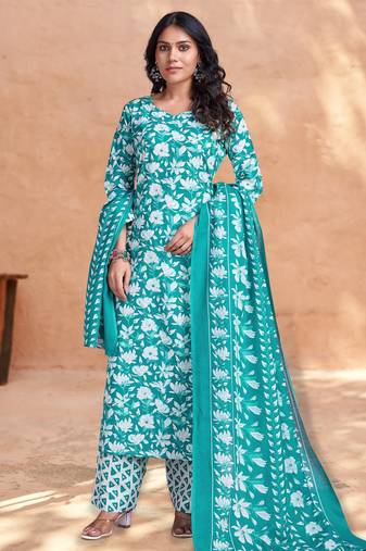 Sea green cotton floral block print straight kurta with palazzo & dupatta