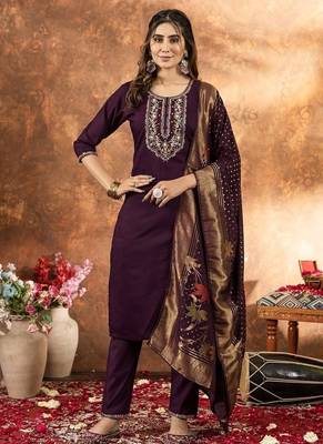 Wine colour with embroidered work marin silk Kurta set for women 1