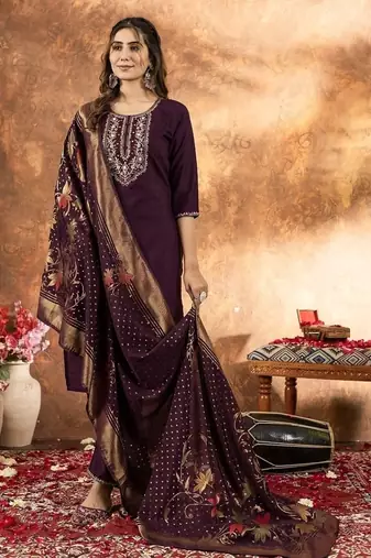 Wine colour with embroidered work marin silk Kurta set for women