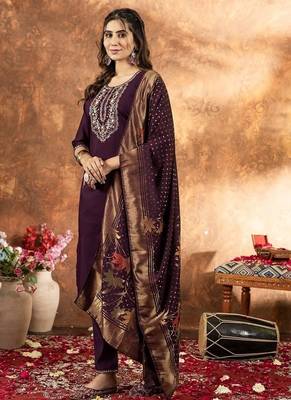 Wine colour with embroidered work marin silk Kurta set for women 3