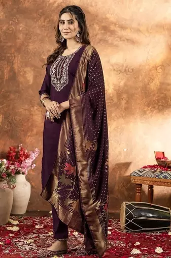 Wine colour with embroidered work marin silk Kurta set for women