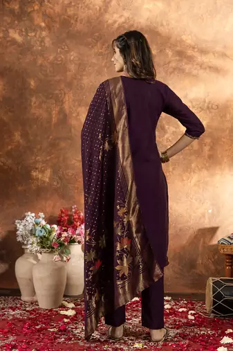 Wine colour with embroidered work marin silk Kurta set for women