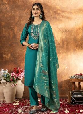 Teal colour with embroidered work marin silk Kurta set for women 1