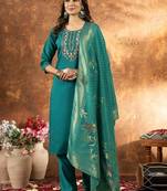 Teal colour with embroidered work marin silk Kurta set for women