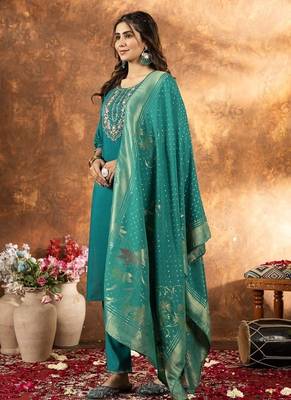 Teal colour with embroidered work marin silk Kurta set for women 2