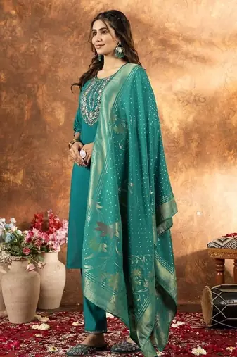 Teal colour with embroidered work marin silk Kurta set for women