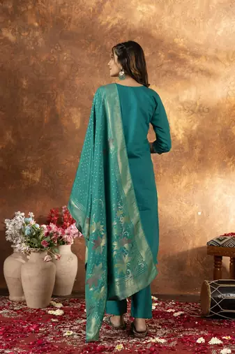 Teal colour with embroidered work marin silk Kurta set for women