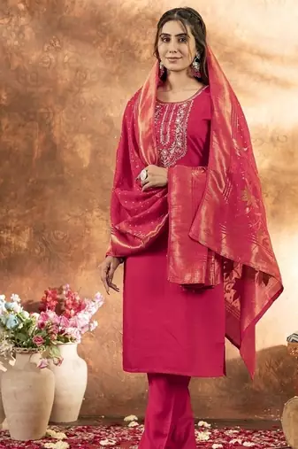 Pink colour with embroidered work marin silk Kurta set for women