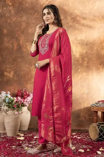 Pink colour with embroidered work marin silk Kurta set for women