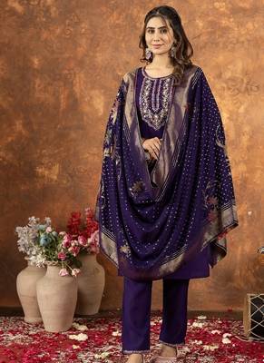 Purple colour with embroidered work marin silk Kurta set for women 2