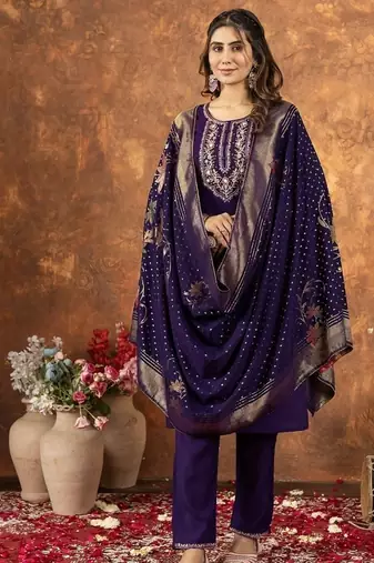Purple colour with embroidered work marin silk Kurta set for women