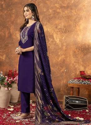 Purple colour with embroidered work marin silk Kurta set for women 3