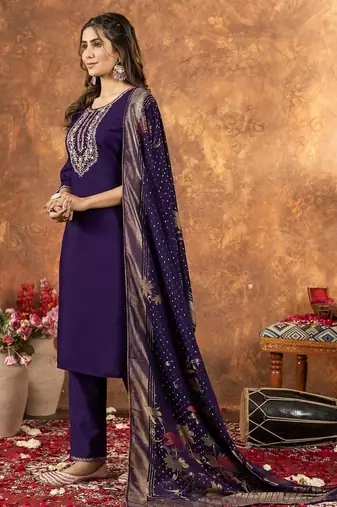 Purple colour with embroidered work marin silk Kurta set for women