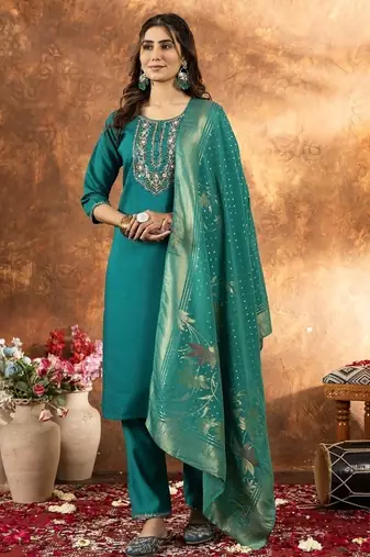 Teal colour with embroidered work marin silk Kurta set for women