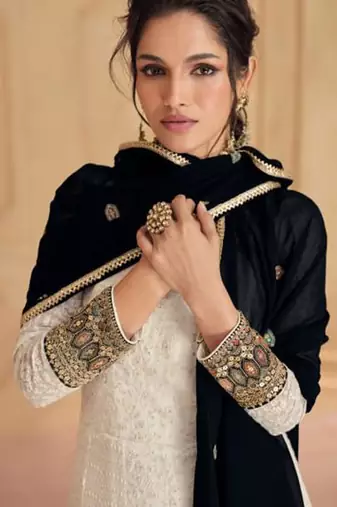 White embroidery & sequence work faux georgette anarkali ( full-stitched free size )